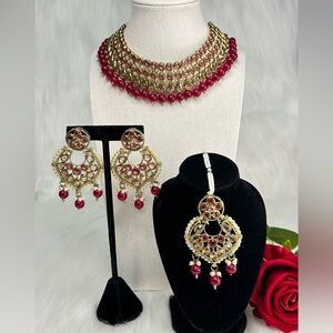 Beautiful Hot Pink and Gold Necklace With Earrings and Tikka Set